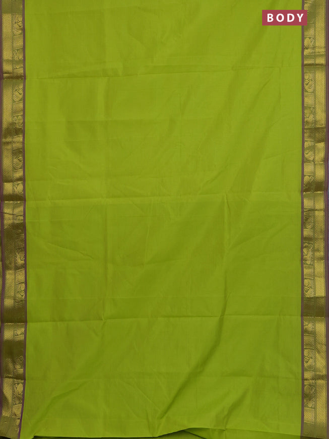 10 Yards poly cotton saree light green and purple with plain body and zari woven border