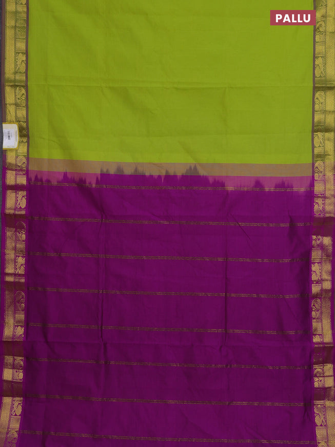 10 Yards poly cotton saree light green and purple with plain body and zari woven border