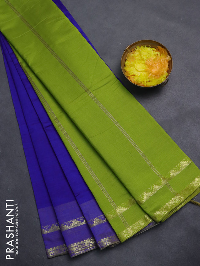 10 Yards poly cotton saree blue and light green with plain body and rettapet zari woven border