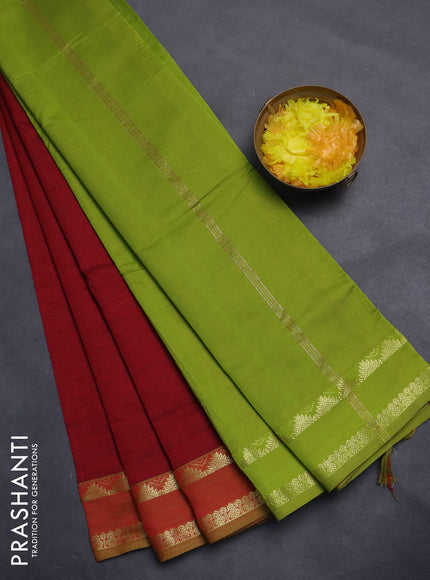 10 Yards poly cotton saree maroon and light green with plain body and rettapet zari woven border