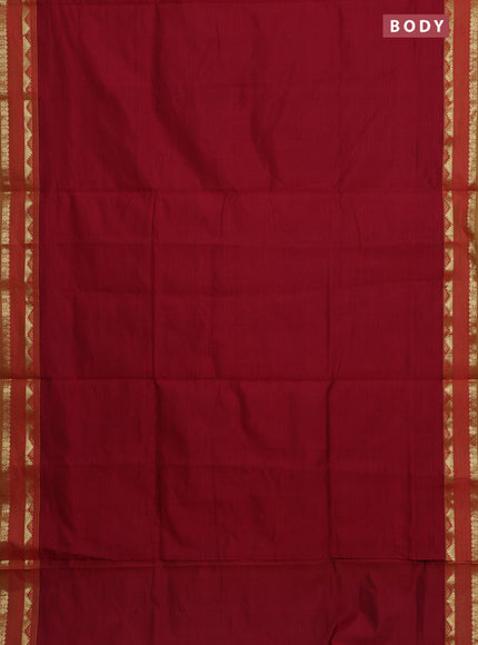 10 Yards poly cotton saree maroon and light green with plain body and rettapet zari woven border