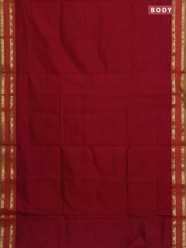 10 Yards poly cotton saree maroon and light green with plain body and rettapet zari woven border