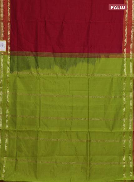 10 Yards poly cotton saree maroon and light green with plain body and rettapet zari woven border