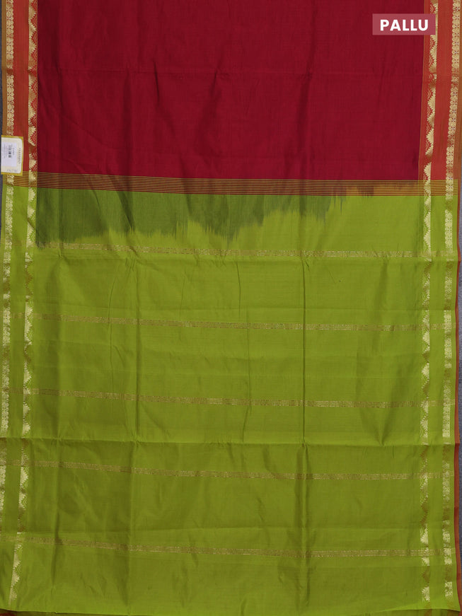 10 Yards poly cotton saree maroon and light green with plain body and rettapet zari woven border