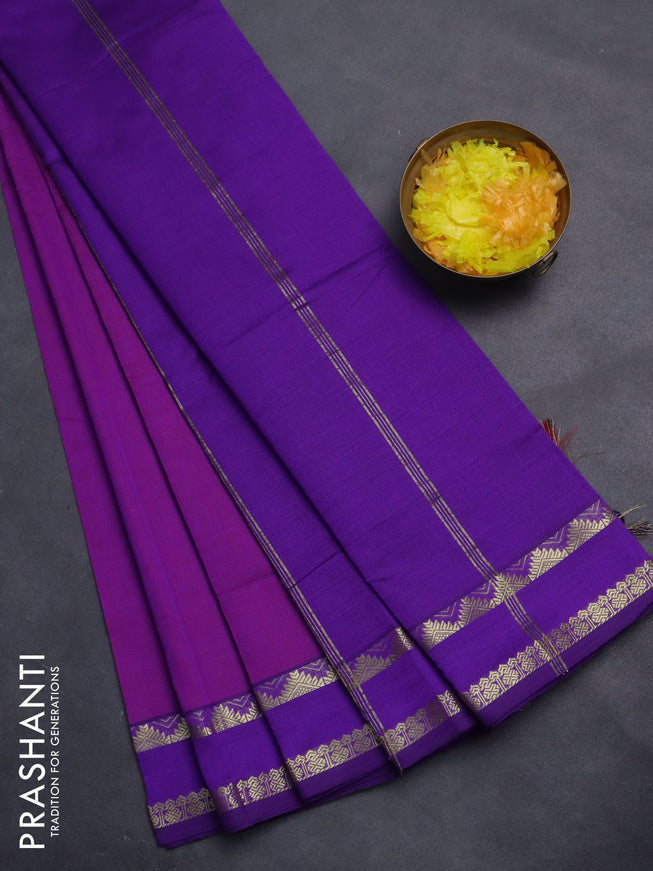 10 Yards poly cotton saree dual shade of purple and violet with plain body and rettapet zari woven border