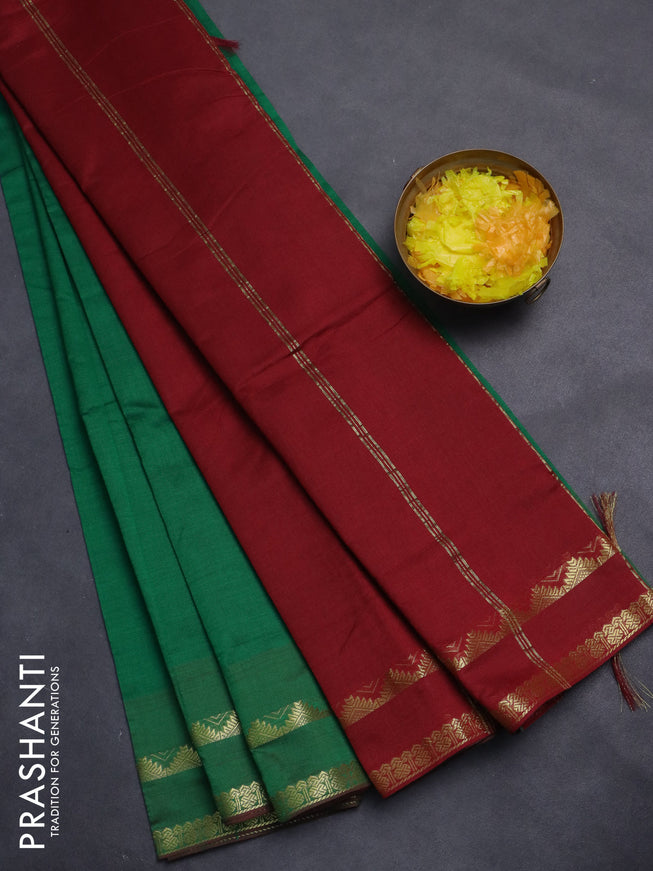 10 Yards poly cotton saree green and maroon with plain body and rettapet zari woven border