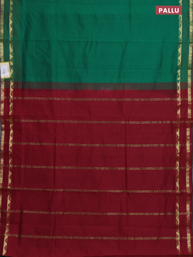10 Yards poly cotton saree green and maroon with plain body and rettapet zari woven border