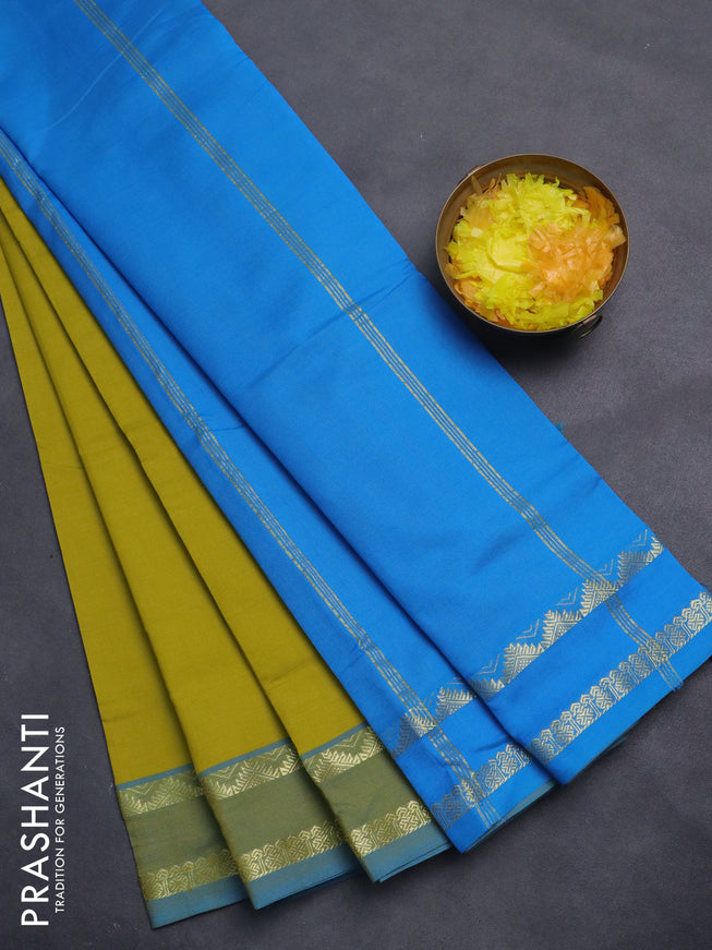 10 Yards poly cotton saree lime yellow and blue with plain body and rettapet zari woven border