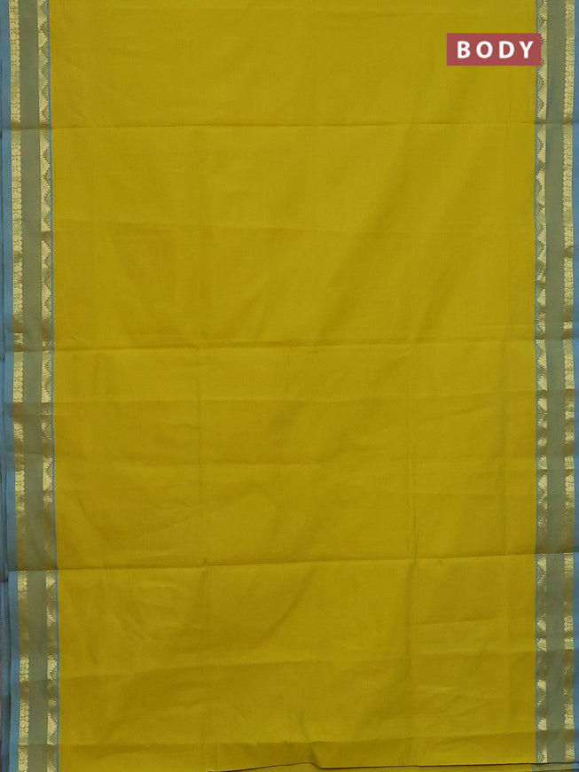 10 Yards poly cotton saree lime yellow and blue with plain body and rettapet zari woven border