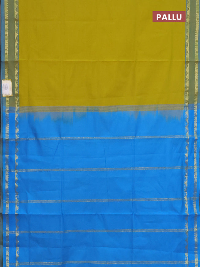 10 Yards poly cotton saree lime yellow and blue with plain body and rettapet zari woven border