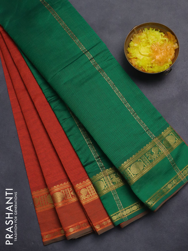 10 Yards poly cotton saree rustic orange and green with plain body and rettapet zari woven border