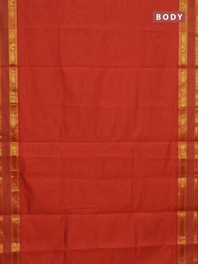 10 Yards poly cotton saree rustic orange and green with plain body and rettapet zari woven border