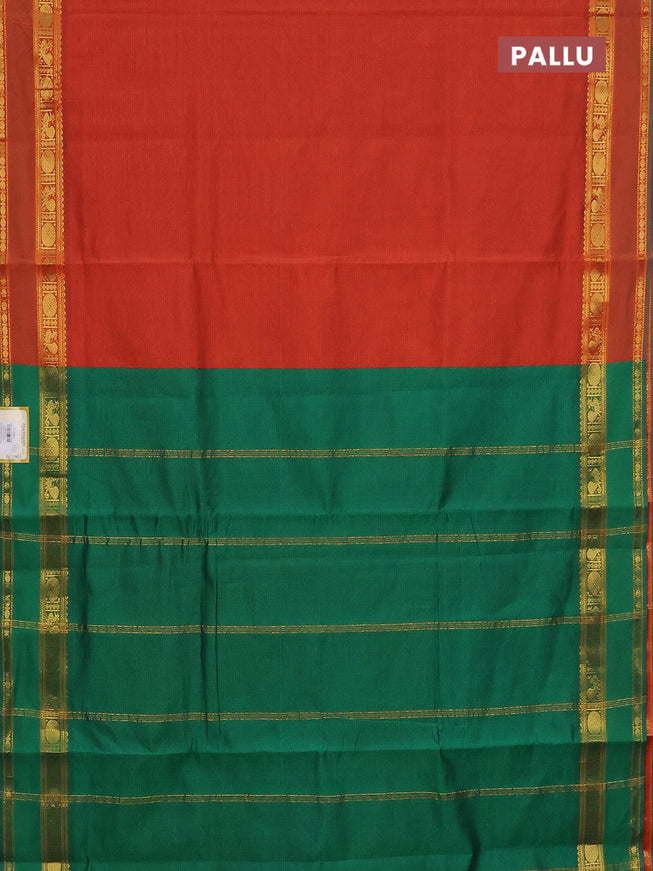 10 Yards poly cotton saree rustic orange and green with plain body and rettapet zari woven border