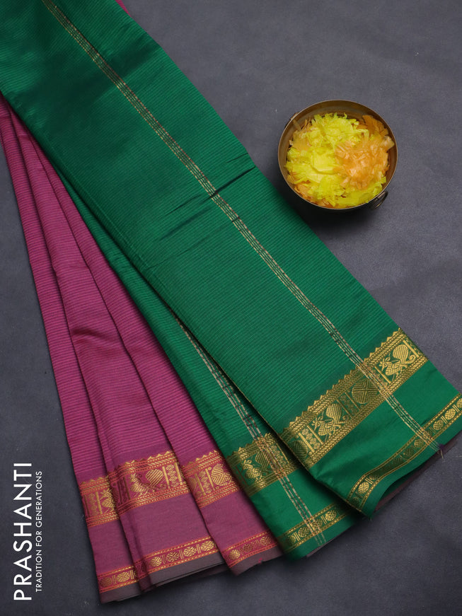 10 Yards poly cotton saree mauve pink and green with plain body and rettapet zari woven border