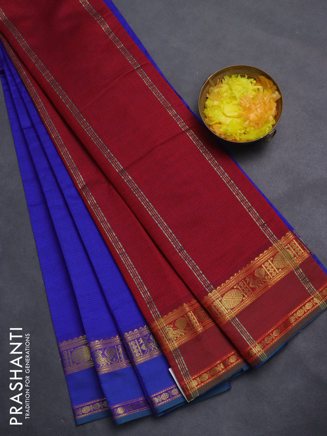 10 Yards poly cotton saree blue and maroon with plain body and rettapet zari woven border