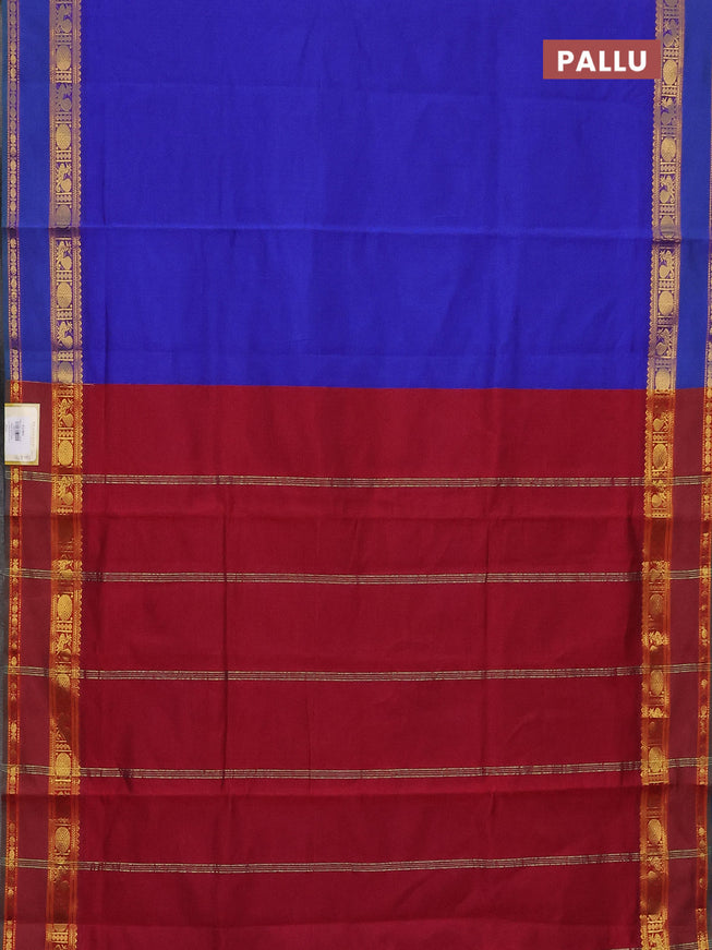 10 Yards poly cotton saree blue and maroon with plain body and rettapet zari woven border