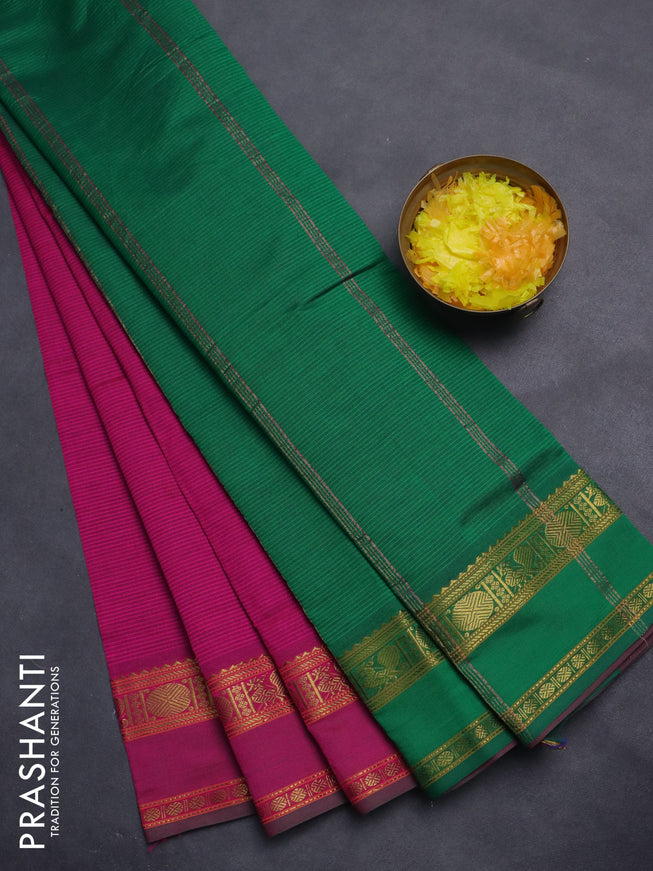 10 Yards poly cotton saree pink and green with plain body and rettapet zari woven border