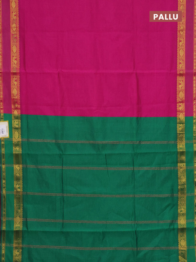 10 Yards poly cotton saree pink and green with plain body and rettapet zari woven border