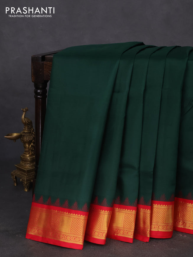 10 yards silk saree bottle green and red with palin body and temple design zari woven border