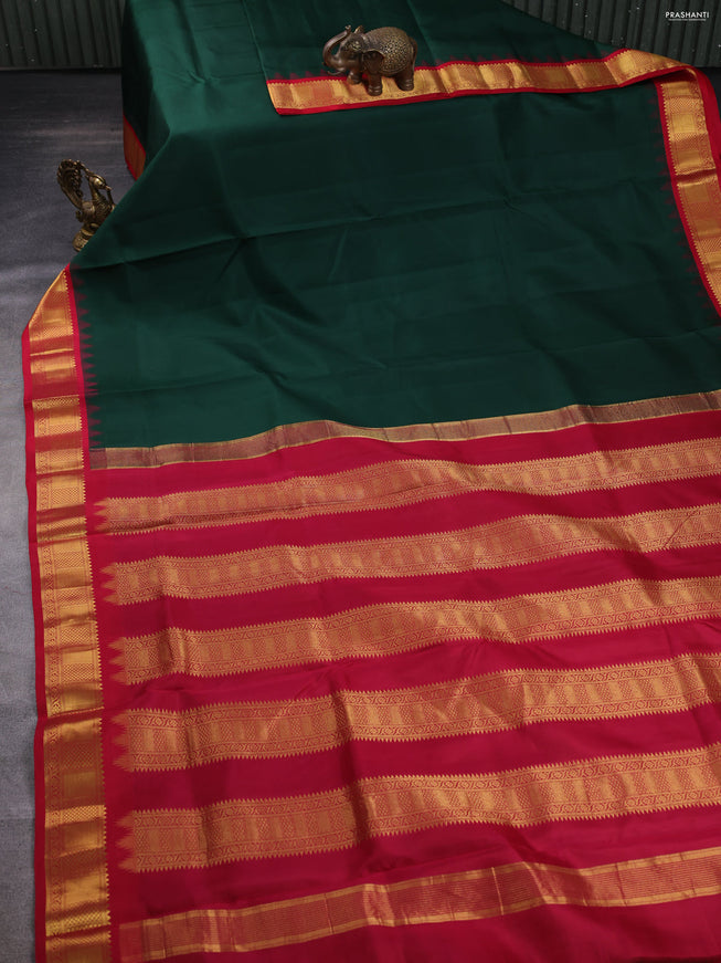 10 yards silk saree bottle green and red with palin body and temple design zari woven border