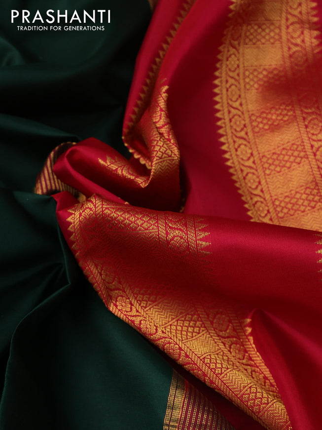 10 yards silk saree bottle green and red with palin body and temple design zari woven border