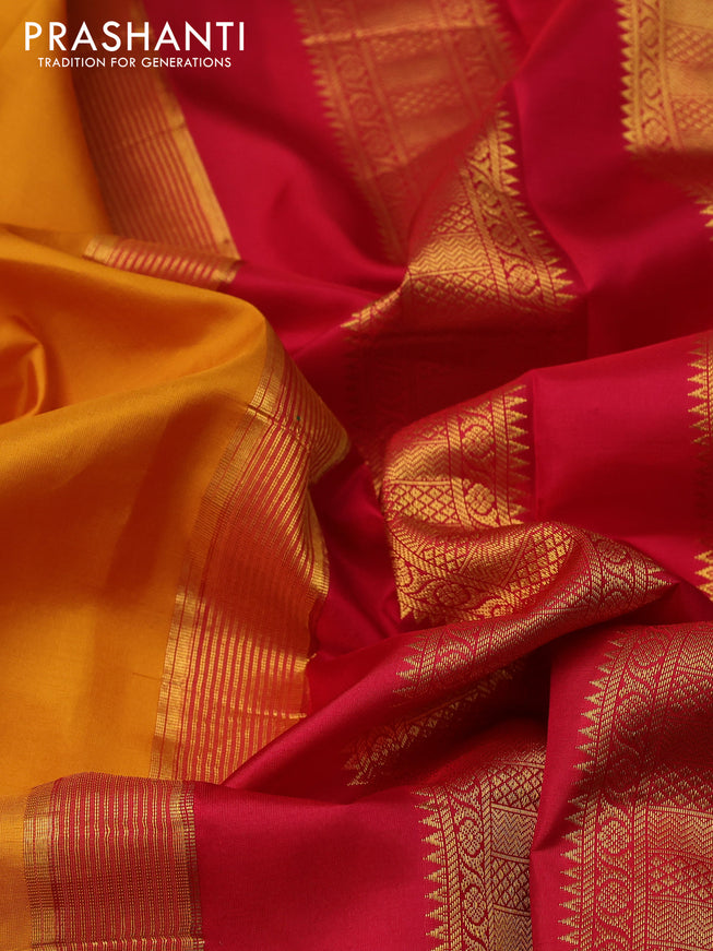 10 yards silk saree mustard yellow and red with palin body and temple design zari woven border