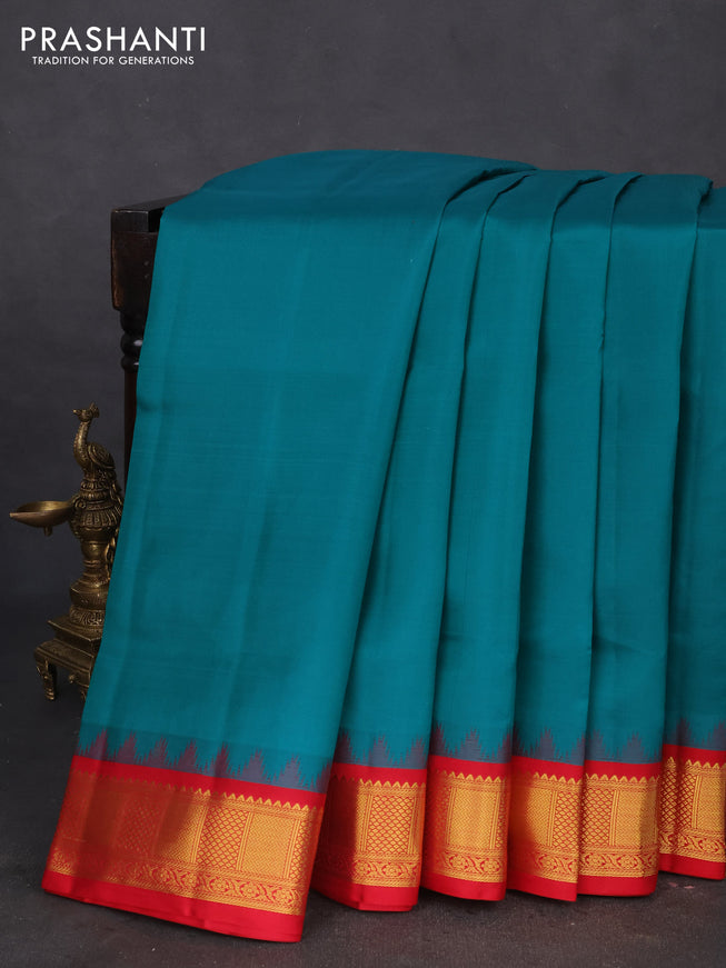 10 yards silk saree teal green and red with palin body and temple design zari woven border
