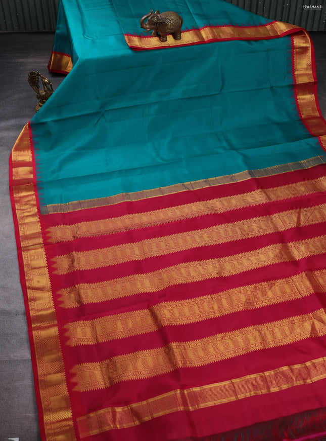 10 yards silk saree teal green and red with palin body and temple design zari woven border