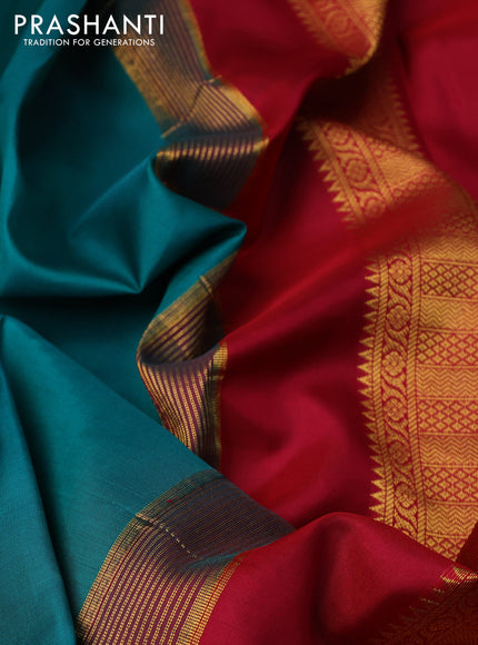 10 yards silk saree teal green and red with palin body and temple design zari woven border