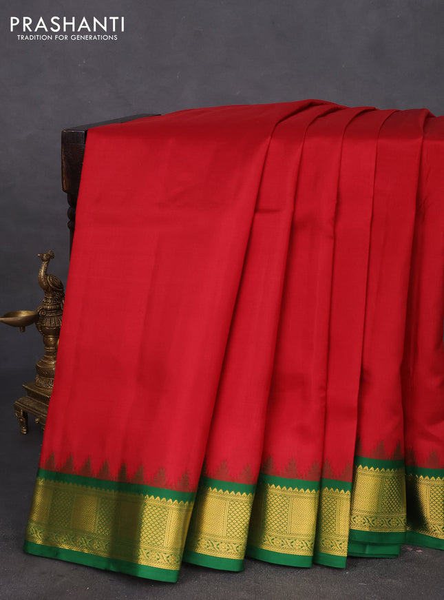10 yards silk saree maroon and green with palin body and temple design zari woven border