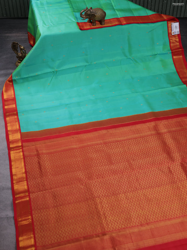 10 yards silk saree dual shade of teal green and red with zari woevn buttas and zari woven border