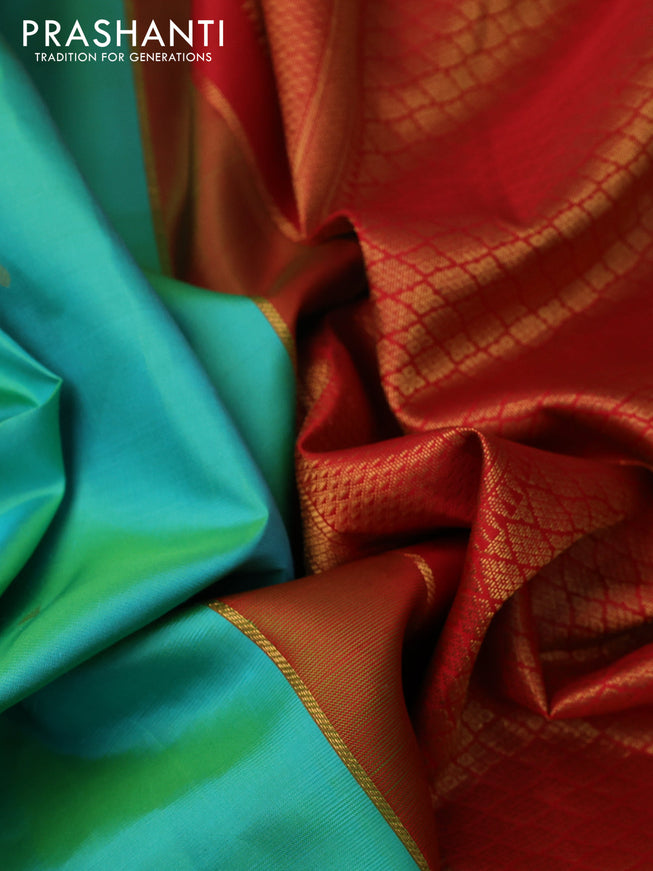10 yards silk saree dual shade of teal green and red with zari woevn buttas and zari woven border