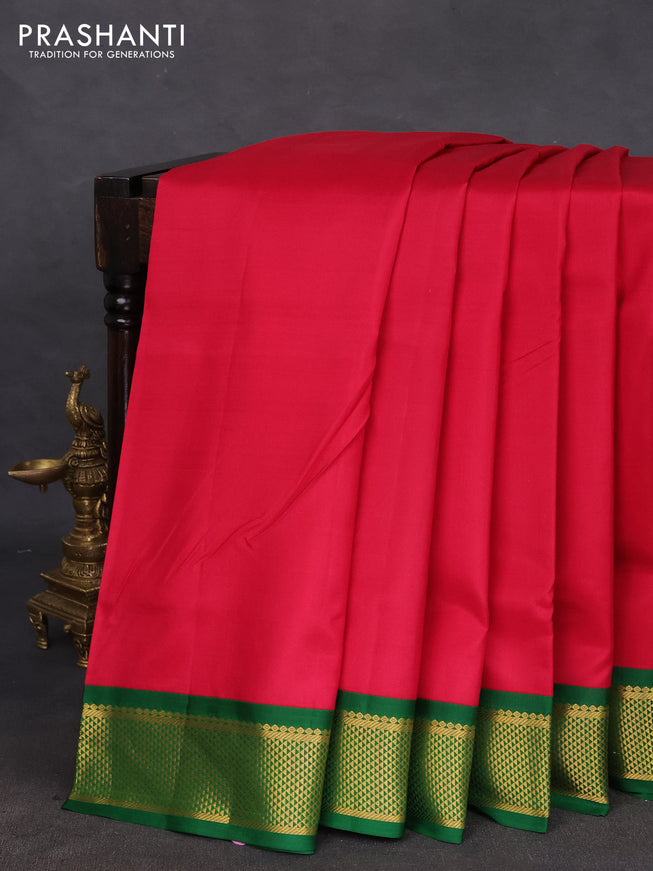 10 yards silk saree dark pink and green with plain body and zari woven korvai border