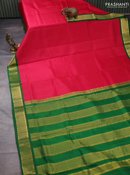 10 yards silk saree dark pink and green with plain body and zari woven korvai border