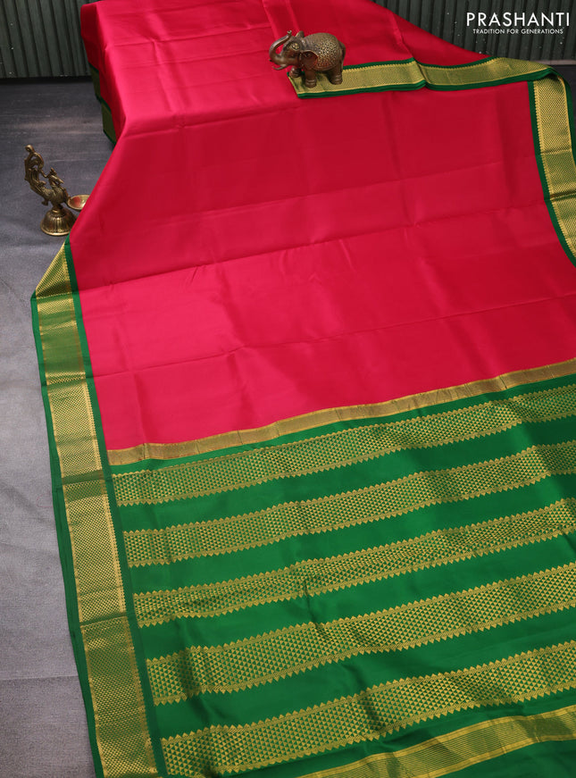 10 yards silk saree dark pink and green with plain body and zari woven korvai border