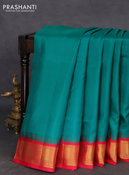 10 yards silk saree green and red with plain body and temple design zari woven border