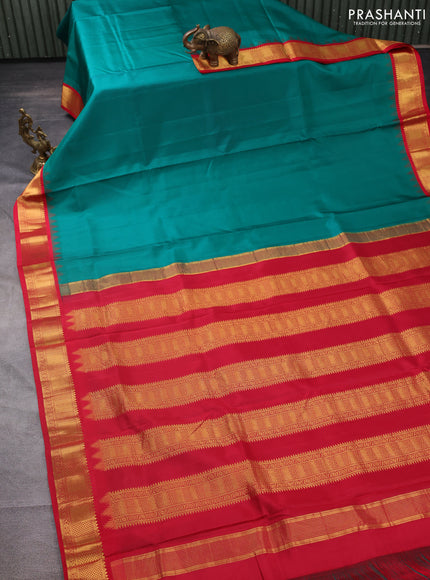 10 yards silk saree green and red with plain body and temple design zari woven border