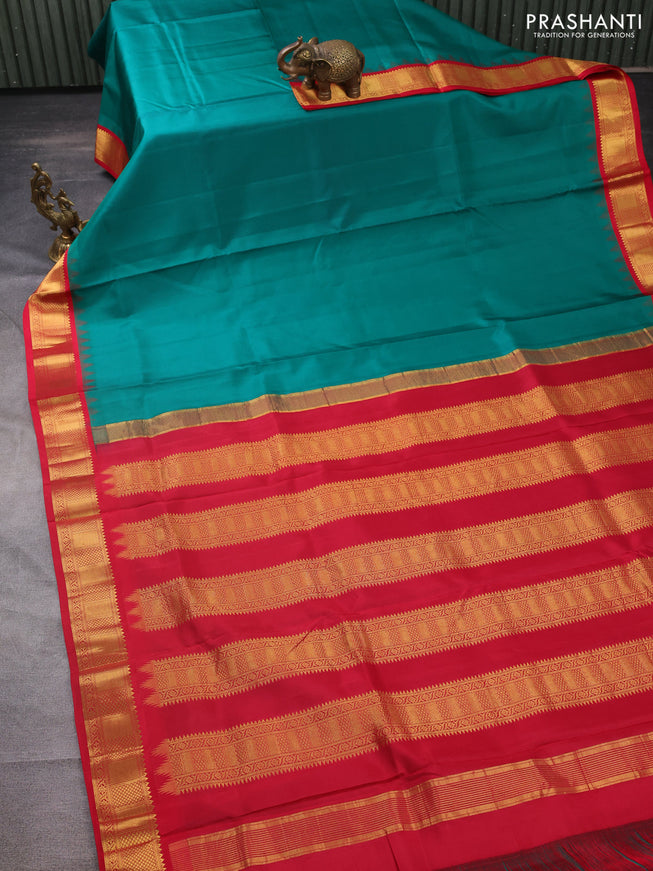 10 yards silk saree green and red with plain body and temple design zari woven border