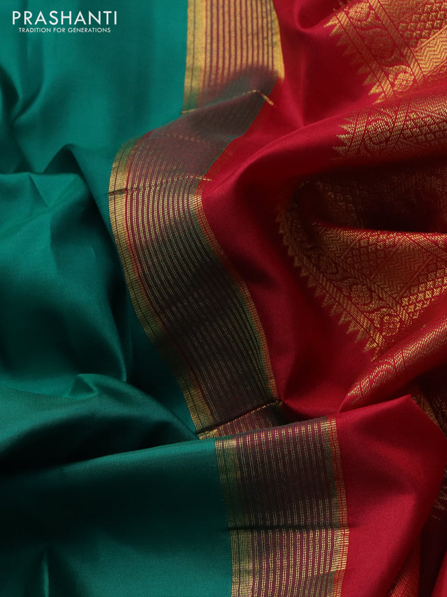 10 yards silk saree green and red with plain body and temple design zari woven border