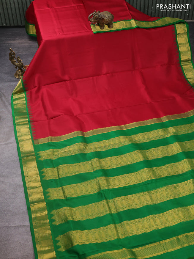 10 yards silk saree maroon and green with plain body and temple design zari woven border