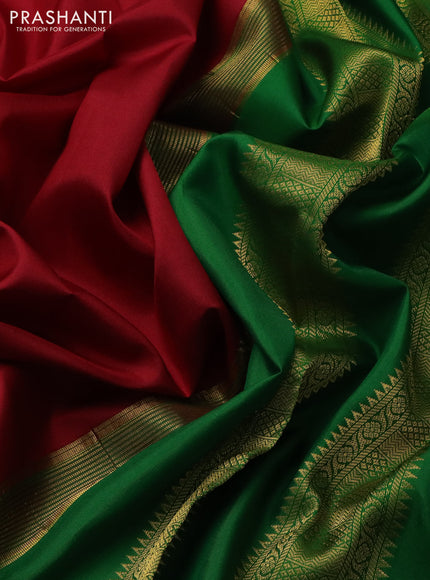 10 yards silk saree maroon and green with plain body and temple design zari woven border