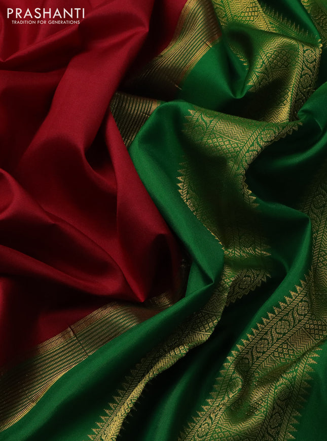 10 yards silk saree maroon and green with plain body and temple design zari woven border