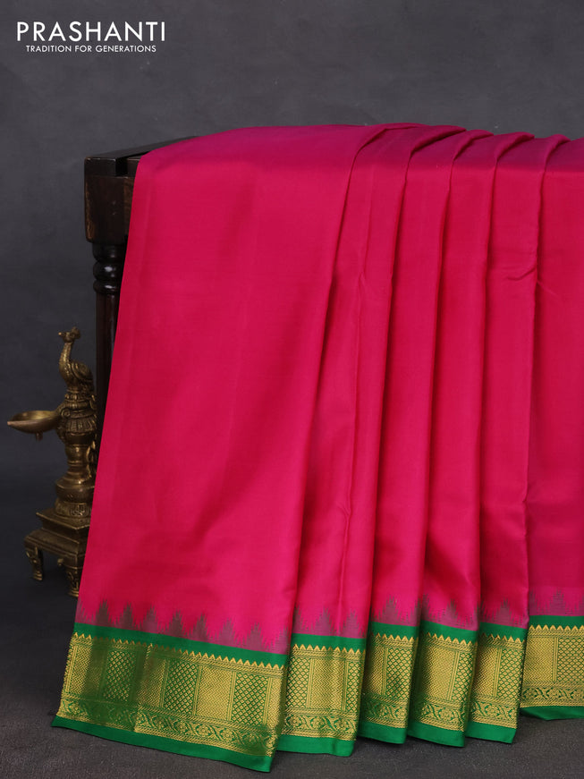 10 yards silk saree pink and green with plain body and temple design zari woven border