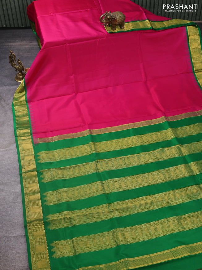10 yards silk saree pink and green with plain body and temple design zari woven border