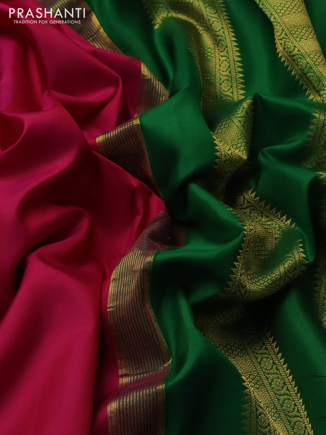 10 yards silk saree pink and green with plain body and temple design zari woven border