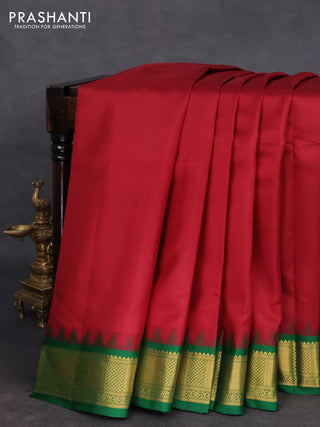 10 yards silk saree maroon and green with plain body and temple design zari woven border