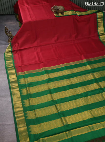 10 yards silk saree maroon and green with plain body and temple design zari woven border