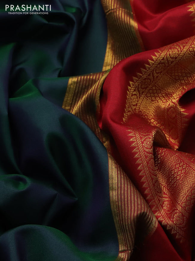 10 yards silk saree dual shade of greenis h blue and maroon with plain body and temple design zari woven border