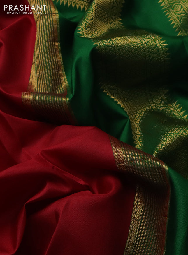 10 yards silk saree maroon and green with plain body and temple design zari woven border