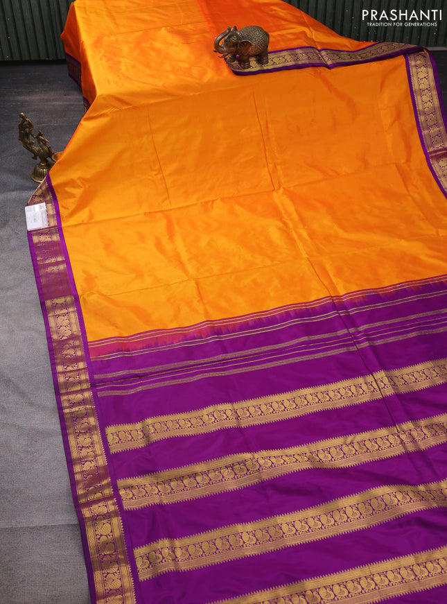 10 yards silk saree mango yellow and purple with plain body and temple design annam zari woven border